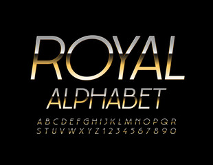 Vector Royal Alphabet. Gold Metallic Font. Elegant Glossy glamour Letters and Numbers set