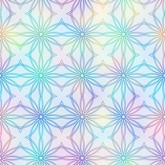 Holographic foil vivid trendy seamless geometric pattern. Opalescent psychedelic design in pastel rainbow colors. Cosmic futuristic iridescent graphic swatch.