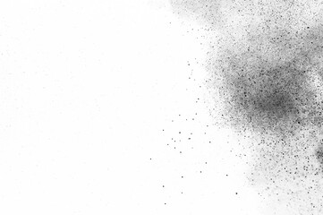 Black particles explosion isolated on white background.  Abstract dust overlay texture.
