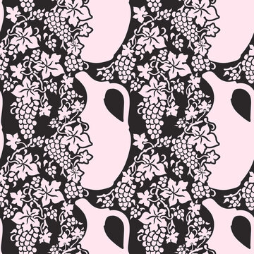 Seamless black and white pattern with vine and pitchers. Beautiful ornament for design. Vector print