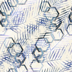 Seamless tropical pattern. The leaves of the palm trees on abstract background.