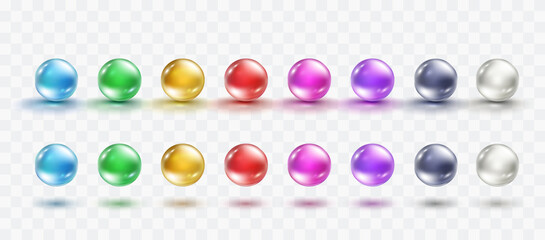 Glass ball set isolated on transparent background. Realistic gold and colorful orbs, oil collagen, 3d gel spheres. Vector water bubbles or round pills with shadows