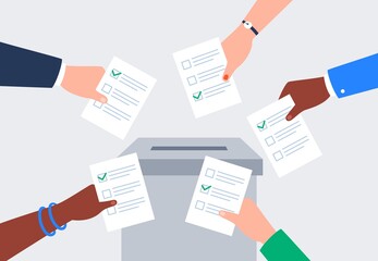 Different people voting. Hands are putting paper ballots to the election box. Democratic election. Vector flat illustration. 