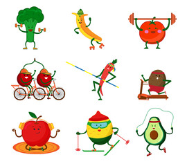 Cute vegetables and fruits doing sports
