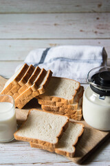 Close up view of bread slices and milk