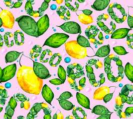 Seamless background with fresh lemons, green leaves and eco lettering. Watercolor illustrations for textiles, packaging, Wallpaper and design on the theme of nature.