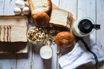 Top view of healthy breakfast ingredients on a background