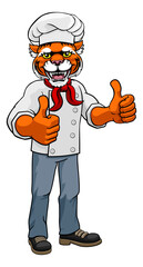 A tiger chef mascot cartoon character giving a double thumbs up