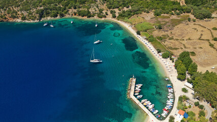 Aerial drone photo of bay and beach of Polis in Northern part of Ithaki or Ithaca island a safe sail boat anchorage, Ionian, Greece