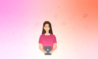 Young girl with a tablet on a gradient background with icons and elements. Woman in shirt works on smat computer.