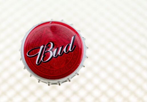 London, England - April 29, 2012: Metal Budweiser Bottle Lids, Bud is an American lager first introduced in 1876.  