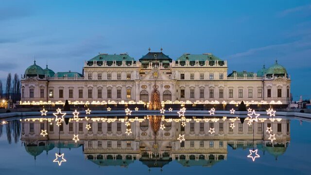 Day to night transition time lapse Upper Belvedere Palace in Christmas decorations, Vienna, Austria