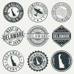 Delaware Set of Stamps. Travel Stamp. Made In Product. Design Seals Old Style Insignia.
