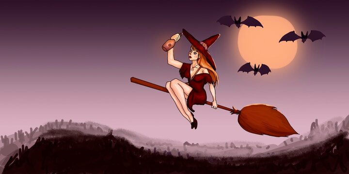 Red witch flies on a broomstick. Against the backdrop of a full moon and bats. In the hands of the potion. Illustration for Halloween.