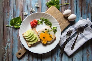 Cucumber and egg ingredients on bread toast in a plate on a wooden platter on a background