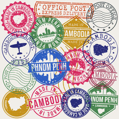 Fototapeta premium Phnom Penh Cambodia Set of Stamps. Travel Stamp. Made In Product. Design Seals Old Style Insignia.