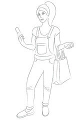 A sketch of a girl in denim overalls with a mobile phone in his hand and a package on his elbow