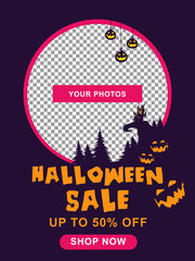 Naklejka premium Halloween sale banner. Halloween background with tombstone, pumpkin, haunted house and full moon. Flyer or invitation template for Halloween party. silhouette Vector illustration.