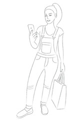 A sketch of a girl in denim overalls with a phone and a package in her hands