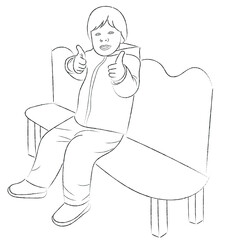A sketch of a little boy who sits on a bench and raised his hands with his thumbs up