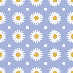 White daisy flower seamless pattern vector on a light blue background. 