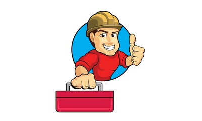 Repairman Technician Cartoon Character Carrying Tool Box doing Thumb Up