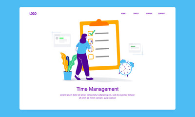 Modern  time management illustration concept of woman is checking her work list for landing page template