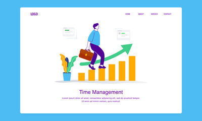 Modern  time management illustration concept of man walking on a bar chart showing improvement for landing page template