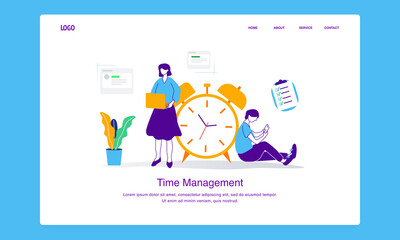 Obraz na płótnie Canvas Modern time management illustration concept of women stand looking at the laptop and men sit leaning on the alarm clock while looking at a smartphone for landing page template