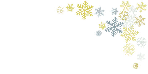 Fototapeta premium Christmas snowflakes background with place for text. Winter gold and silver snow minimal frame decoration on white, greeting card. New Year Holidays subtle backdrop. Vector illustration