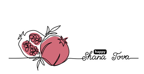 Shana tova simple vector background with pomegranate. One continuous line drawing with lettering happy Shana tova.