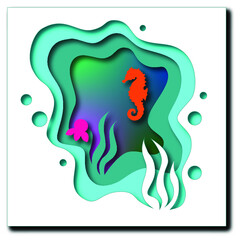 seahorse on the background of a cave paper cutting effect