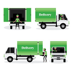 A cartoon set of logistic business showing a man with delivery truck