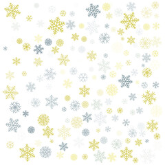 Fototapeta premium Christmas snowflakes background with place for text. Winter gold and silver snow minimal frame decoration on white, greeting card. New Year Holidays subtle backdrop. Vector illustration