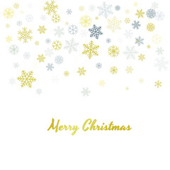 Christmas snowflakes background with place for text. Winter gold and silver snow minimal frame decoration on white, greeting card. New Year Holidays subtle backdrop. Vector illustration