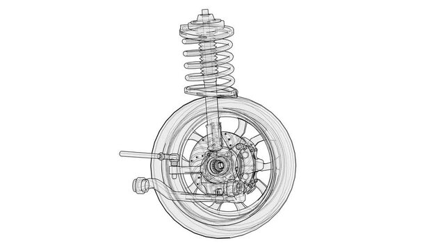 Animation of car suspension with wheel tire and shock absorber