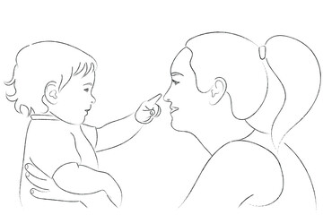 Sketch of a young woman with a baby, the kid is trying to touch his mother’s nose with his index finger