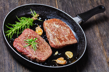 fried rump beef steaks in a skillet