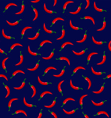 Seamless pattern of chili peppers on dark blue background
