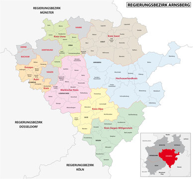 administrative vector map of the Arnsberg region in German language, North Rhine-Westphalia, Germany