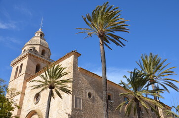 Historic church Sant Bartomeu in the medieval village Montuiri on Balearic island Mallorca, Spain,...