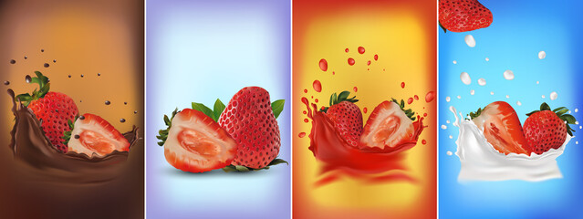 Set of fresh sliced and whole, ripe strawberries: chocolate splashes, strawberries in a splash of milk or yogurt, strawberries in a splash of fresh juice. 3D vector illustration for your product.