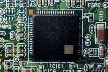 Close-up of modern PC motherboard components.