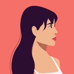 Asian girl flat color vector character. Portrait of beautiful woman with black long hair. Avatar. Face side view. Model look in profile isolated cartoon illustration for web fashion graphic design