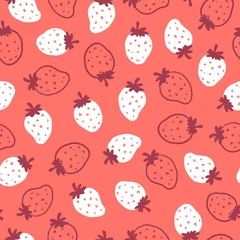 Foto op Canvas Vector Red and White Strawberry Doodle Pattern © F-lin