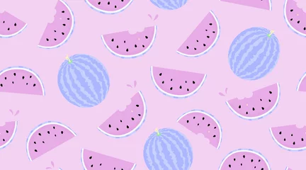 Poster Watermelons purple flat vector seamless pattern. Summer fruit elements on white background. Berries slices, dessert lilac texture with cartoon color icons. Fresh food plants wrapping paper, wallpaper  © Katerina