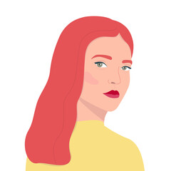 Girl looking back over her shoulder flat color vector character. Portrait of beautiful woman with red hair. Avatar. Model intently look isolated cartoon illustration for web graphic design