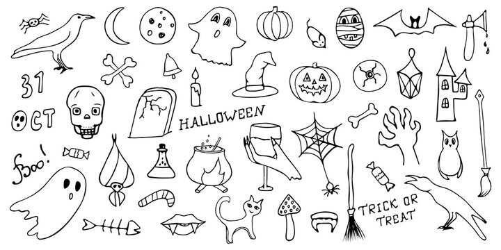 Halloween doodle icons set. Hand drawn line contour objects and symbols of Halloween. Scary mummy, skull, pumpkin, raven, owl, fish skeleton holiday elements. Isolated vector outline illustrations