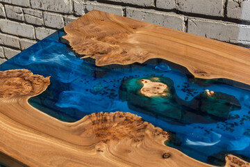 beautiful wooden table made of elm slab and epoxy resin