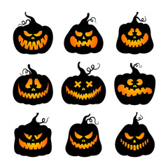 Halloween pumpkins. Vector set. Jack lantern. Black silhouettes in cartoon style. The symbols of the autumn holiday. For the design of cards, party invitations. Isolated on a white background.